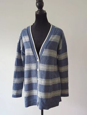 Talbots Striped Blue and Cream Button-Front Women's Cardigan Sweater Petit Medi